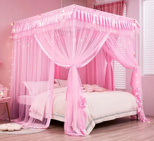 Vista 30 de Mengersi Cortina para Dosel de Cama Princesa, con 4 Esquinas, Dosel con Mosquitero para Cama de Princesa (Blanco, Doble)