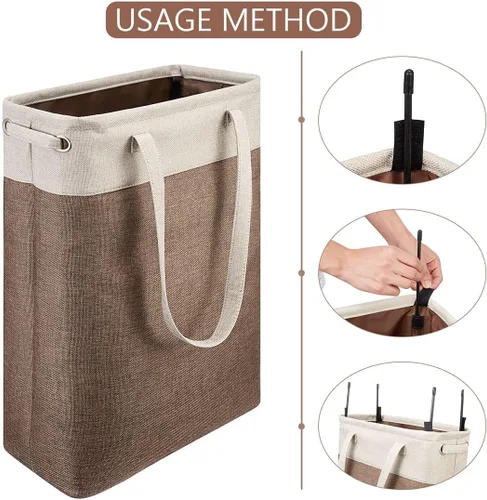 Vista 3 de Cesta de ropa sucia con asas beige y marrón, cesta de lavandería delgada plegable, cesta de ropa sucia estrecha, bolsa de lavandería plegable, cesto