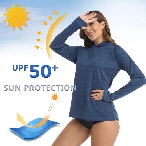 Vista 2 de KEFITEVD Camisas de manga larga para mujer, con protección solar UPF 50+, con capucha, para senderismo, campamento, pesca, correr