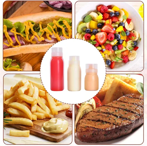Vista 6 de Botellas exprimibles porosas de condimentos, recipiente pequeño para aderezo para ensaladas y salsa, botella multiboquilla, 6 piezas, 6 onzas, 5