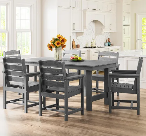 Vista 7 de SERWALL Juego de Mesa de Comedor de HDPE para Exteriores, Juego de 7 Piezas de Mesa de Comedor al Aire Libre con Mesa con Corte para Agujero de Gris