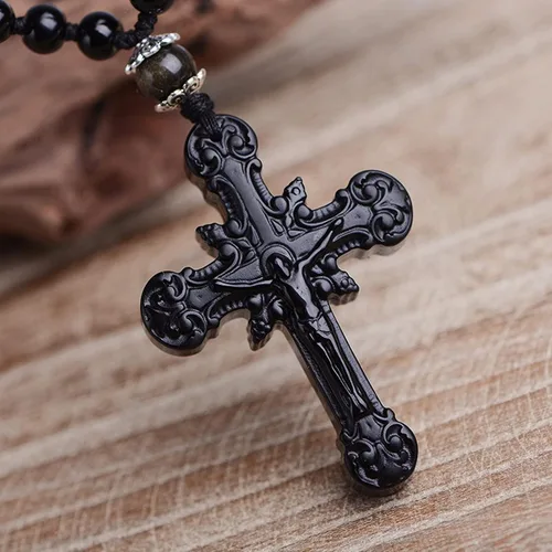 Vista 2 de Collar con dije de cruz de obsidiana negra, cristal curativo de obsidiana natural, piedra de energía, amuleto, para mujeres, hombres, niñas, niños