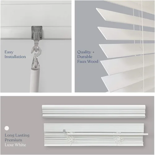 Vista 5 de MOOD Persianas de madera sintética Luxe Persianas de 20 pulgadas para ventanas Tratamiento de ventana opaca inalámbrico de 2 pulgadas Blanco