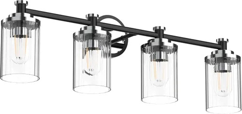 Vista 11 de Luminarias de Baño Negras y Cromadas con Pantalla de Vidrio Transparente de Rayas Cilíndricas Base de Casquillo E26 Luminarias de Baño Sobre Espejo