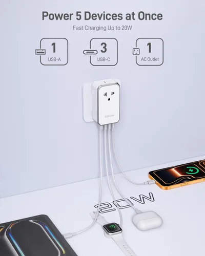 Vista 3 de EPICKA Adaptador de viaje universal Air 20W PD&QC con 1AC/3USB-C/1USB-A Adaptador de enchufe de tamaño compacto y delgado para EE. UU., UE, Reino