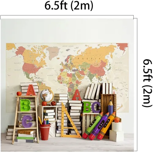 Vista 2 de Kate Fondos de regreso a la escuela de 6.5 x 6.5 pies para fotografía de mapa del mundo, libros de fondo, fondos de papelería, fondos de escritorio