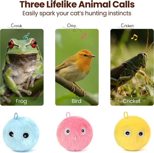 Vista 2 de Chirping - Pelotas de juguete para gatos, paquete de 3 Pelotas de juguete interactivas de felpa mejoradas, 3 sonidos de animales realistas