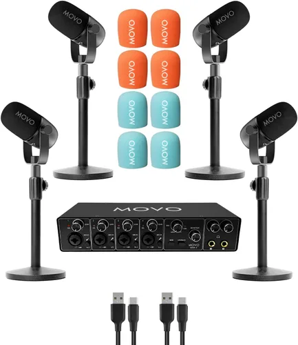 Vista 9 de Movo Paquete de equipos de podcast para 4 personas - Interfaz de audio USB de 4 canales, 4 micrófonos dinámicos CastMic, 4 brazos Boom - Kit