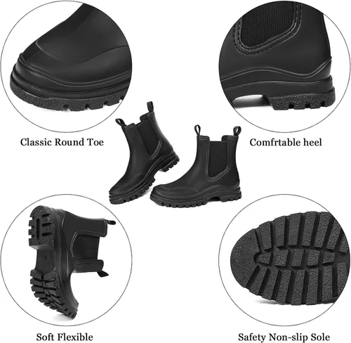 Vista 5 de DKSUKO Botas de lluvia cortas para mujer, botas de jardín impermeables de goma, botas elásticas sin cordones, botas Chelsea a la moda, zapatos