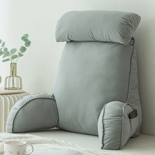 Vista 13 de Almohada de lectura con reposabrazos, almohada de apoyo para el respaldo, cojín de apoyo lumbar, con soporte para el cuello, con bolsillo, para Gris