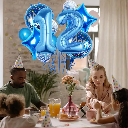 Vista 3 de Globos, 12 globos de aluminio para niños de 11 años para decoración de fiesta de cumpleaños de 11 años, globos de confeti, globos de fiesta, Azul 11