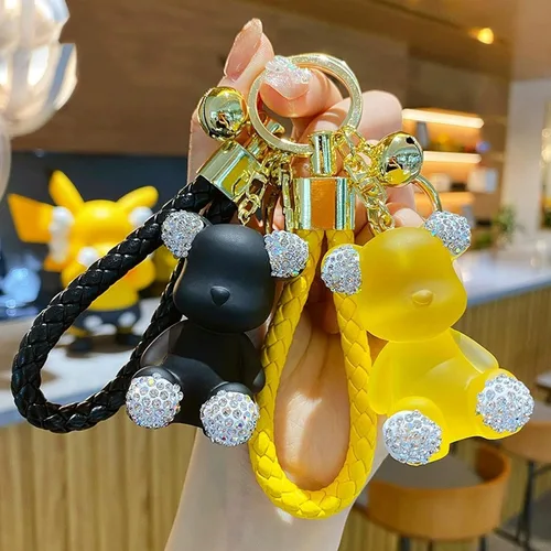 Vista 6 de Lindo llavero de oso de diamantes Kawaii con correa de muñeca para mujer y niña