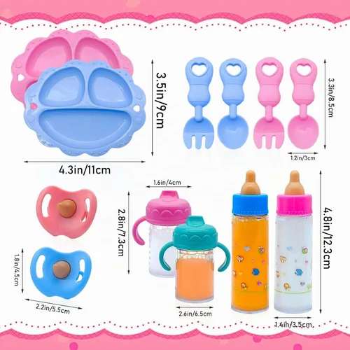 Vista 2 de Juego de 15 botellas mágicas de accesorios para muñecas de bebé, juguete de alimentación con botellas de leche de jugo, kit de alimentación