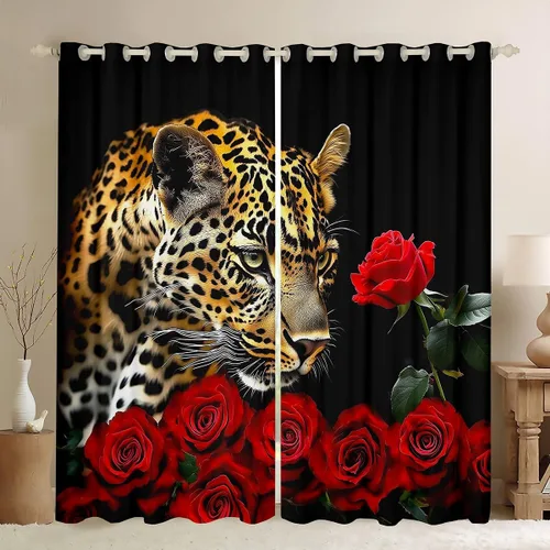 Vista 10 de Erosebridal Cortinas de Rosas Rojas 3D Tratamientos para Ventanas de Guepardo, Paneles de Cortinas con Estampado de Gato Leopardo para Sala