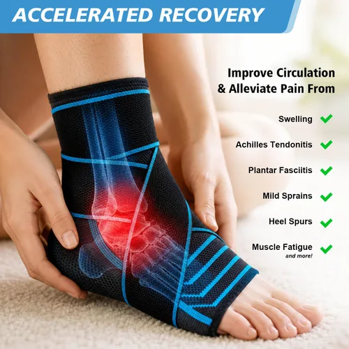 Vista 4 de Tobillera para mujeres y hombres: correas ajustables manga de apoyo de compresión para alivio de la fascitis plantar tendinitis de Aquiles