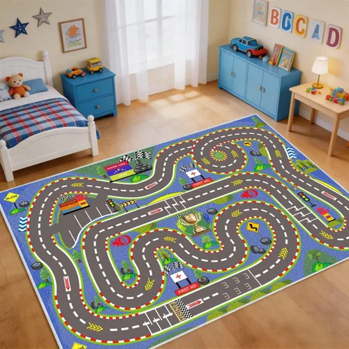 Vista 4 de Alfombra para Niños, Alfombras de Tapete de Juego de Pista de Carreras 47×31 pulgadas, Alfombra para Niños con Respaldo de Goma, Línea de Salida