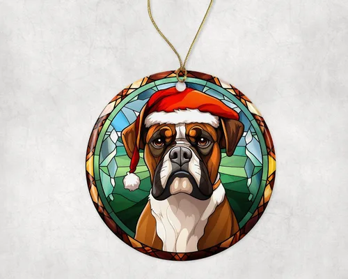 Vista 3 de Boxer - Adorno de cerámica con vitrales de Navidad, adorno colgante para árbol de Navidad, adorno de vitral de perro, adorno religioso