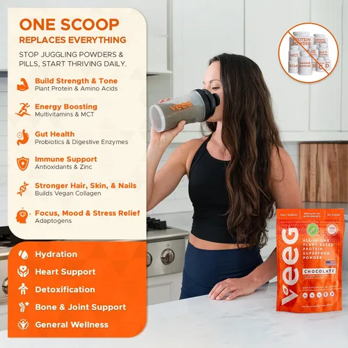 Vista 3 de Veeg Proteína vegetal en polvo – Batido de proteína vegana y refuerzo de colágeno. Proteína de guisante, MCT, probióticos y multivitamínico. 10