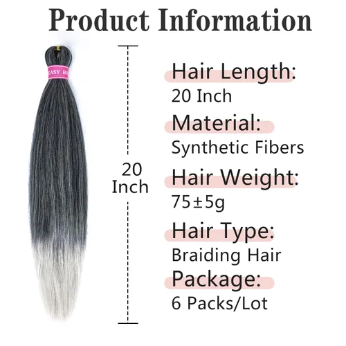 Vista 2 de Cabello para trenzar preestirado plateado, 20 pulgadas, 6 paquetes de extensiones de cabello trenzado Ombre preestiradas para mujeres, fibra