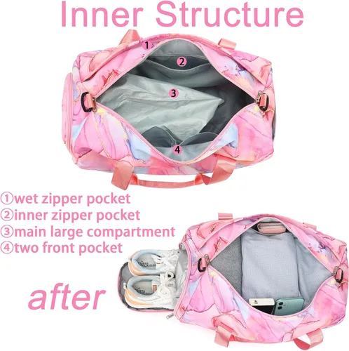 Vista 3 de BLUBOON Bolsa de lona para niñas y niños, bonita bolsa de gimnasio con compartimento para zapatos y separación húmeda, bolsa de viaje deportiva