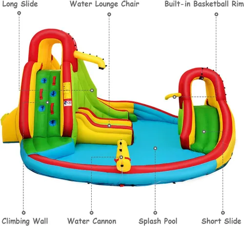 Vista 3 de KOTEK Tobogán acuático inflable, tobogán acuático 8 en 1 con 2 toboganes, 2 paredes de escalada, piscina y cañón de agua, toboganes acuáticos