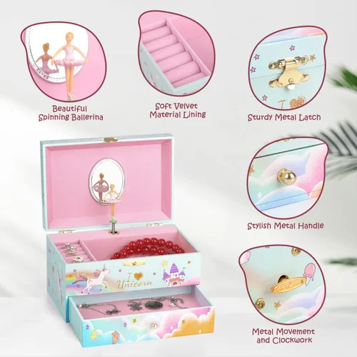 Vista 3 de Joyero para niñas, caja musical para niñas, organizador de joyas de bailarina para niña pequeña con collar de unicornio y pulsera, regalos