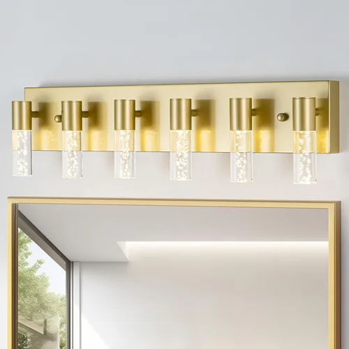 Vista 10 de Lámparas de tocador de baño sobre espejo con acabado dorado cepillado, 4 luces de tocador, apliques de pared para baño