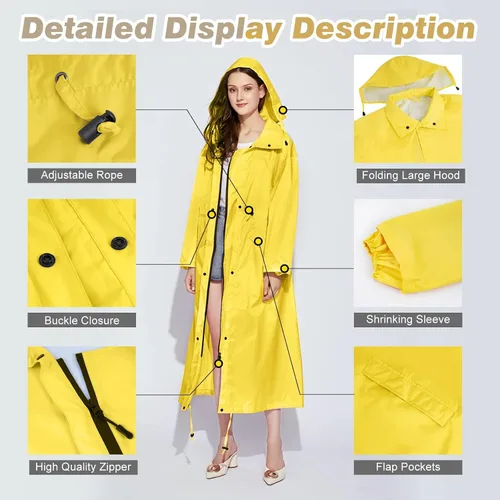 Vista 3 de LAMA Chubasqueros largos para mujer, impermeable, plegable, con capucha, rompevientos, ligera, ajustable, para exteriores