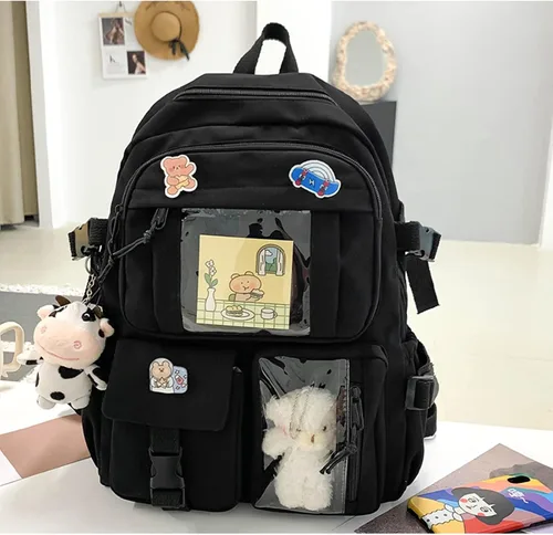 Vista 3 de Linda mochila con bonito oso de peluche y bonitos accesorios de alfiler estético de gran capacidad bonita bolsa de libros para niñas y adolescentes