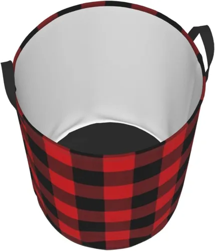 Vista 3 de Cesta circular con estampado de cuadros de búfalo impermeable, cesta organizadora de lavandería, con asas, para ropa, juguetes, pequeña