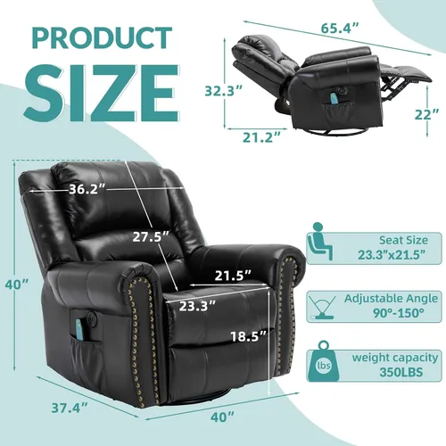 Vista 2 de MEETWARM Sillón reclinable giratorio de masaje con calor y vibración, mecedora manual mecedora, silla reclinable giratoria de 360° con control
