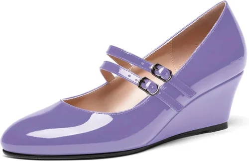 Vista 25 de SHOWFOREST Zapatos de tacón bajo con hebilla de punta redonda para mujer, con correa ajustable y correa ajustable, 2 pulgadas Beige