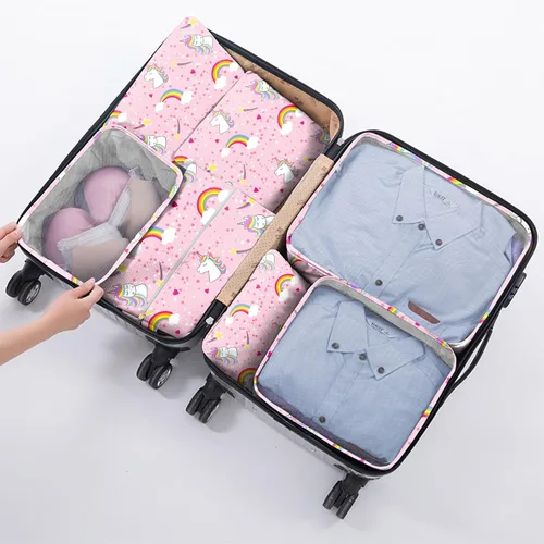 Vista 5 de BHAHB Juego de 7 cubos de embalaje para niños, organizadores de equipaje de viaje para maleta, accesorios de viaje con bolsa de zapatos para niños