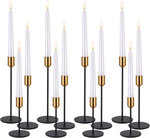 Vista 10 de Juego de 6 portavelas para velas cónicas, latón, dorado y negro, moderno portavelas decorativo para mesa, repisa, boda, comedor, fiesta
