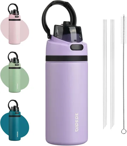 Vista 10 de BJPKPK Botella de agua aislada de 17 onzas con tapa de popote y asa, acero Verde militar