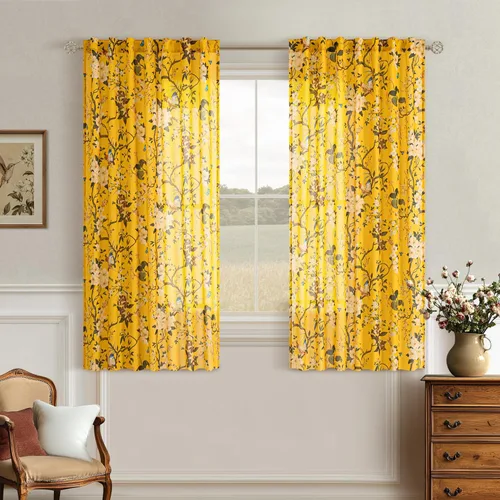 Vista 20 de Cortinas de lino de pájaro floral azul 2 paneles de 72 pulgadas de largo Aqua Blue