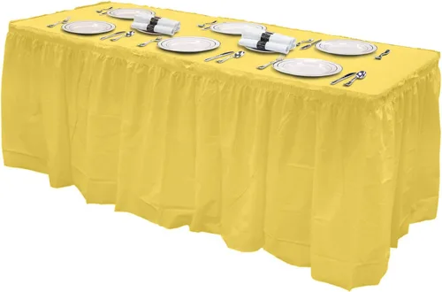 Vista 3 de Party Essentials Falda de mesa de plástico desechable resistente, 1 unidad, 29 pulgadas de ancho x 14 pies (168 pulgadas) de largo, amarillo