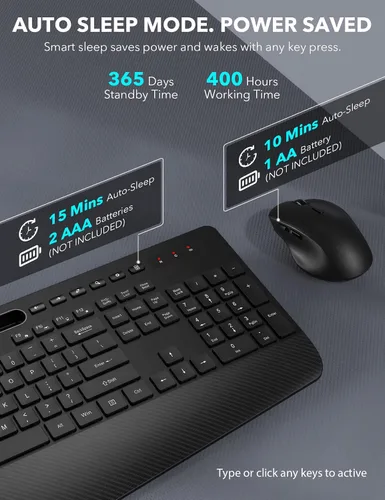 Vista 5 de Combo de teclado y mouse inalámbrico - Teclado ergonómico de tamaño completo con reposabrazos, soporte para teléfono, modo de suspensión, combo