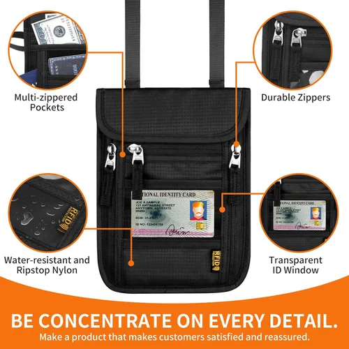 Vista 6 de Cartera de cuello para viajes, bolsa de cuello para pasaporte para hombres y mujeres con correa ajustable para el cuello y bloqueo RFID