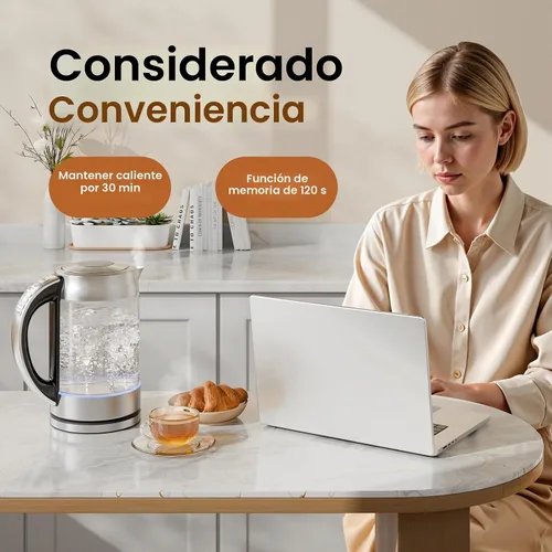 Vista 5 de TOPZEE Hervidor eléctrico de vidrio de 1.7L para café y té, caldera de agua caliente con 6 temperaturas preestablecidas, función de mantener
