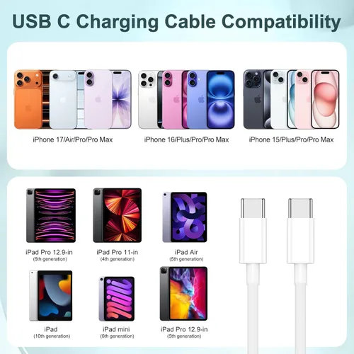 Vista 7 de Cable de carga rápida USB C a C de 240 W de largo de 10 pies, cable de carga tipo C a C para Apple iPhone 17 Pro Max/17 Air/16 Pro Max/16 Plus/15