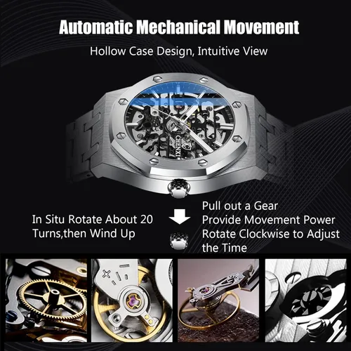 Vista 5 de RORIOS Reloj de negocios para hombre, reloj mecánico automático, reloj luminoso con correa de acero inoxidable, reloj de pulsera de cuerda automática
