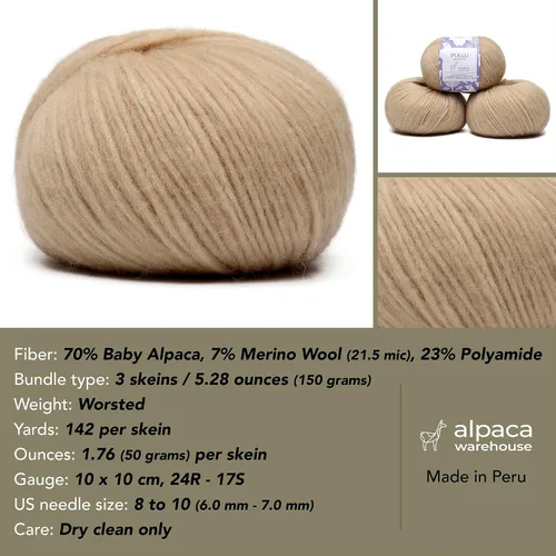 Vista 3 de Pullu - Juego de 3 madejas de hilo de lana de alpaca bebé y merino (150 gramos) de peso worsted - Procedencia directa de Perú - Celestialmente suave
