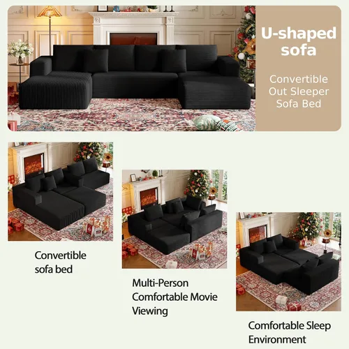 Vista 5 de Sofá modular sin hueso de 134.6 pulgadas para sala de estar, sofá modular de pana en forma de U con diván y almohadas, sofá seccional de 4 asientos
