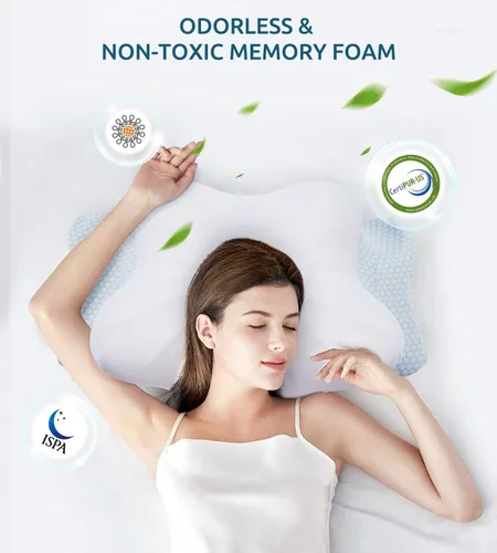 Vista 7 de Almohada cervical de espuma viscoelástica para cuello y hombros, almohada cervical de contorno ergonómico para dormir con 2 alturas, almohadas