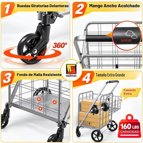 Vista 5 de Wellmax Heavy Duty Grocery Cart, Metal Folding Shopping Cart, 160 lb Max