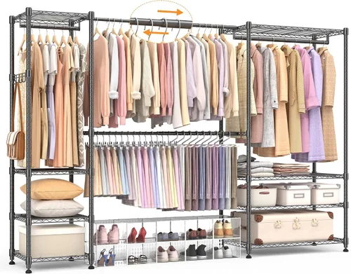 Vista 15 de Homdox Perchero resistente con varillas extensibles para colgar, perchero de metal ajustable para colgar ropa, armario independiente con estantes