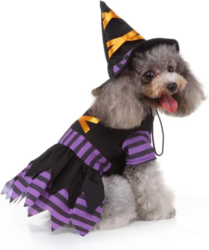 Vista 3 de Yoption Disfraz de bruja para perro y gato con sombrero mágico, talla S