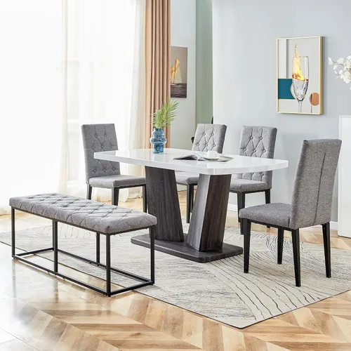 Vista 7 de Mesa de comedor de mármol, mesa de comedor moderna de 63 pulgadas, mesa de comedor blanca para 4-6, mesa de cocina de mármol blanco, mesa de comedor