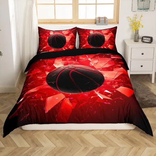 Vista 3 de Erosebridal Juego de funda de edredón de baloncesto, tamaño individual, color negro y rojo, juego de ropa de cama con bola 3D para niños, niños
